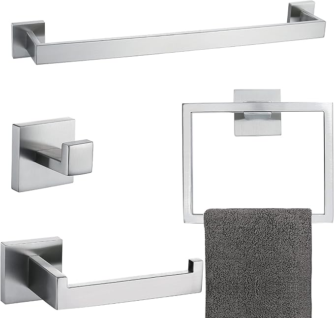 Brushed 4-Piece Bathroom Hardware Set Premium Stainless Steel Bath Towel Bar Sets Wall Mounted Square Bathroom Accessories Kit, 23.6 Inch Brushed Nickel