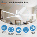 52 Inch White Ceiling Fans with Lights and Remote, Flush Mount Low Profile Ceiling Fan for Bedroom, Living Room, Patio, Dimmable 6 Speeds Noiseless Reversible, ETL Listed