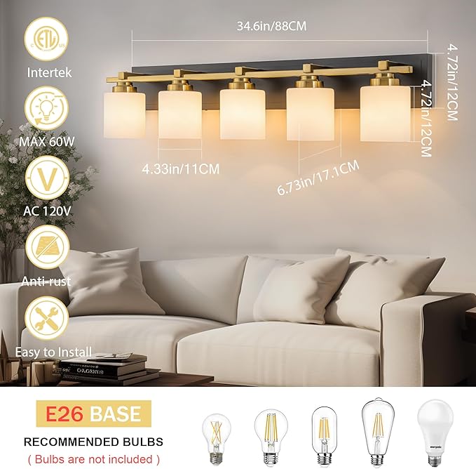 5 Light Modern Bathroom Light Fixtures Over Mirror, Black Gold Vanity Lights for Bathroom Wall Sconces with Milky White Glass Shades, E26 Socket (Bulbs Not Included)