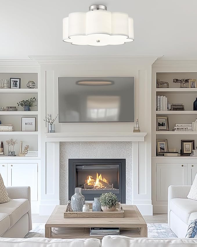 Semi Flush Mount Ceiling Lights, 4-Light 18" Ceiling Light Fixtures with Fabric Shade in Flower Shape, Brushed Nickel Farmhouse Drum Lighting for Nursery Bedroom Kitchen, AD-22009-4SF-SN