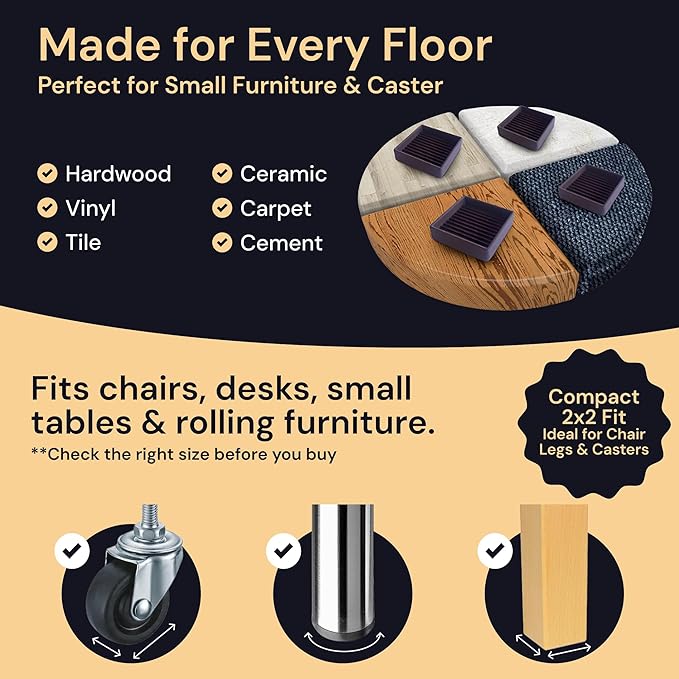 CasterMaster Non Slip Furniture Pads - 2 in x 2 in Brown 4 Pack - Chair Leg Floor Protectors & Furniture Sliders for Hardwood, Vinyl & Tile Floors - Bed Stoppers