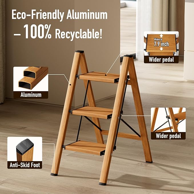3 Step Ladder,Aluminum Folding Step Stool for Adults,Step Ladder with Wide Anti-Slip Pedal,330 lbs Capacity for Home,Office,Kitchen,Library(Woodgrain
