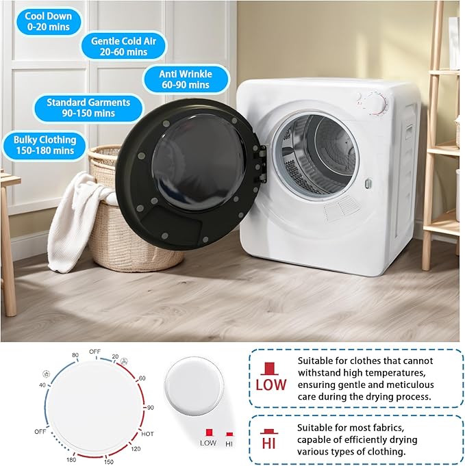 1.6 Cu.Ft Portable Clothes Dryer, 800W Fast Drying Front Load Laundry Dryer with 5 Mode, Mini Electric Clothing Dryer with Stainless Steel Tub, Compact Machine for Apartment, Home, Dorm