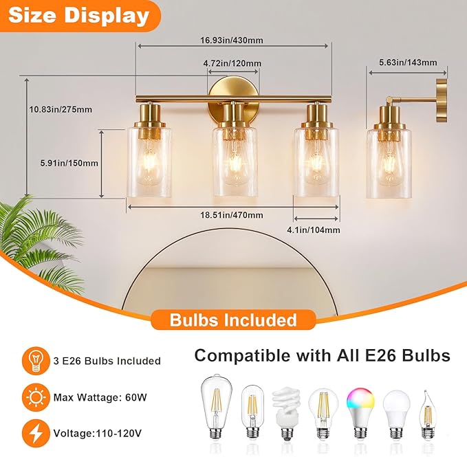 DLLT 3-Light Bathroom Light Fixtures: Gold Modern Vanity Wall Lights with E26 Bulbs - Bubbled Glass Shade Bathroom Wall Lamp for Mirror Kitchen Living Room Hallway Cabinet Porch