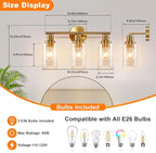 DLLT 3-Light Bathroom Light Fixtures: Gold Modern Vanity Wall Lights with E26 Bulbs - Bubbled Glass Shade Bathroom Wall Lamp for Mirror Kitchen Living Room Hallway Cabinet Porch