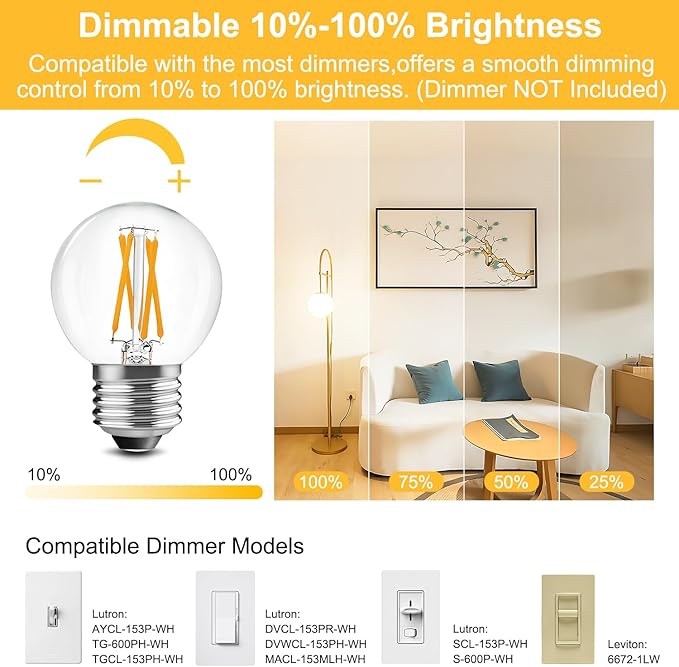 BRIMAX 10 Pack G16.5 LED Light Bulbs 40 Watt, E26 Dimmable Small Globe LED Bulbs 4 Watt Edison Bulb 2700K Warm White,AC120V,Flicker Free for Ceiling Fans Pendant Chandelier Vanity Wall Sconce