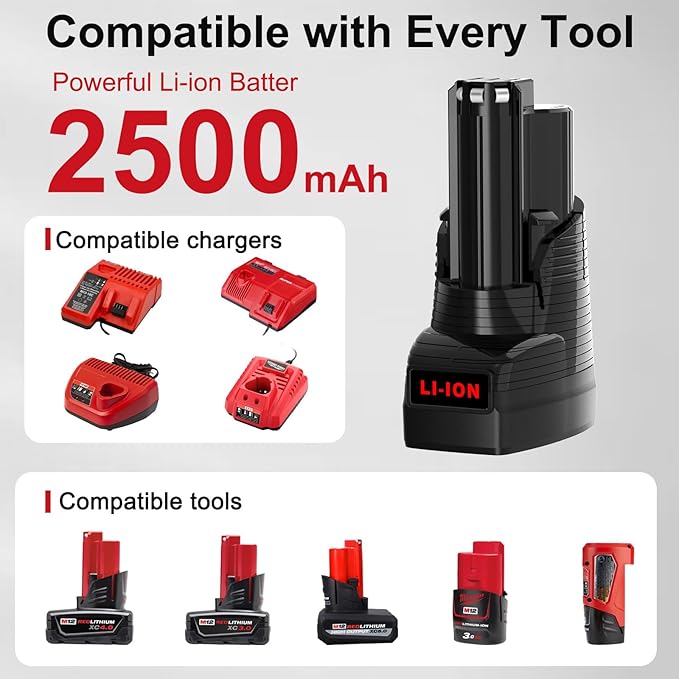 Mrupoo 2Pack 2.5Ah Replace for Milwaukee M12 Battery Compatible with Milwaukee Battery Charger and 12 Volts Cordless Power Tools