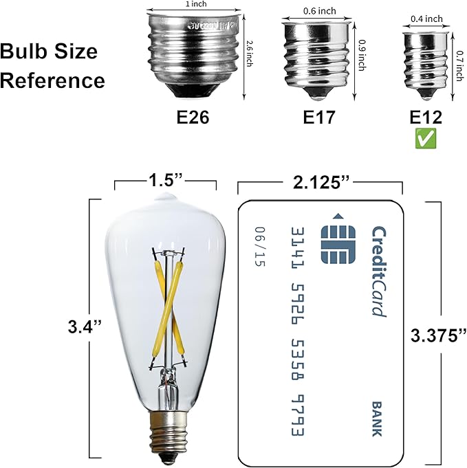 6pcs ST38 Edison Small Bulb 2W Equivalent to 15W-20W E12 Warm Base Clear Glass LED Bulbs for Chandeliers Fans Candelabras Outdoor ST38 String Lights