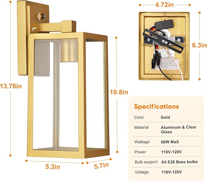 PARTPHONER Gold Dusk to Dawn Outdoor Lights for House Wall Mount, Sensor Exterior Lighting Fixtures set of 2, Anti Rust Wall Sconce Lamp, Waterproof Wall Lantern for Doorway, Garage, WTWL181AJ2
