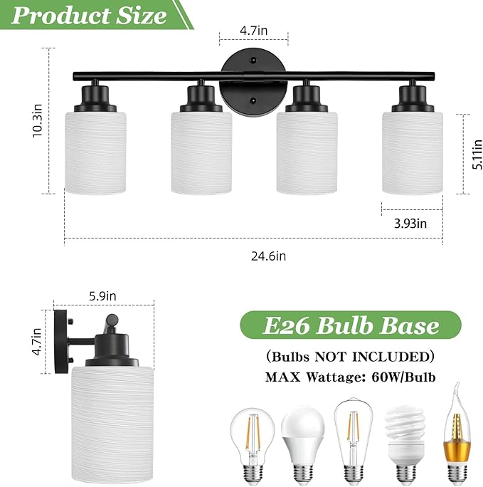 4-Light Bathroom Light Fixtures, Black Vanity Lights for Mirror with Textured Milky White Glass Shade, Modern Kitchen Light Fixtures Wall Sconce Light - E26 Base