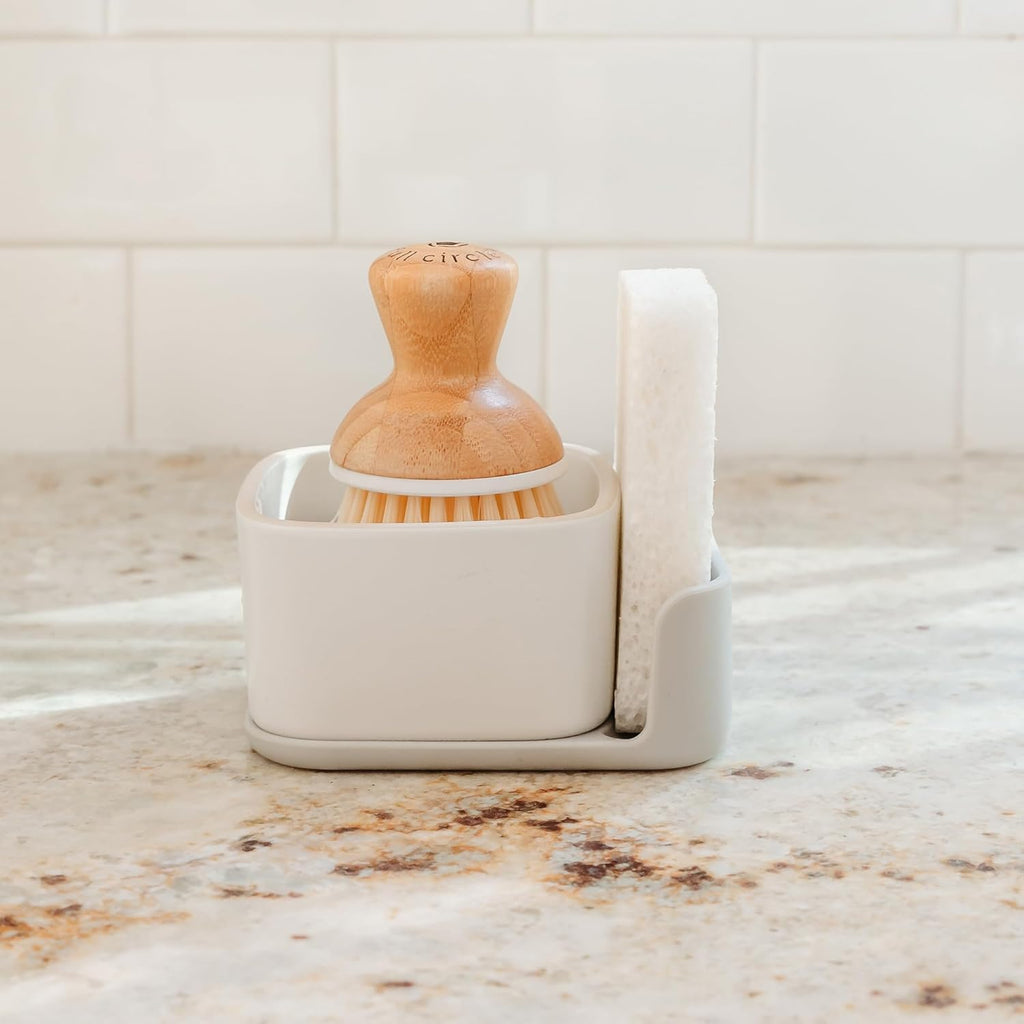 Full Circle Bubble Up Combo-Family Safe,Formaldehyde-Free-Gray Ceramic Soap Dish with Plant-Based Sponge & Bamboo Dish Brush-Versatile Kitchen Scrub Brush Set for Pots,Pans,Counter & Sink,White