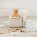 Full Circle Bubble Up Combo-Family Safe,Formaldehyde-Free-Gray Ceramic Soap Dish with Plant-Based Sponge & Bamboo Dish Brush-Versatile Kitchen Scrub Brush Set for Pots,Pans,Counter & Sink,White