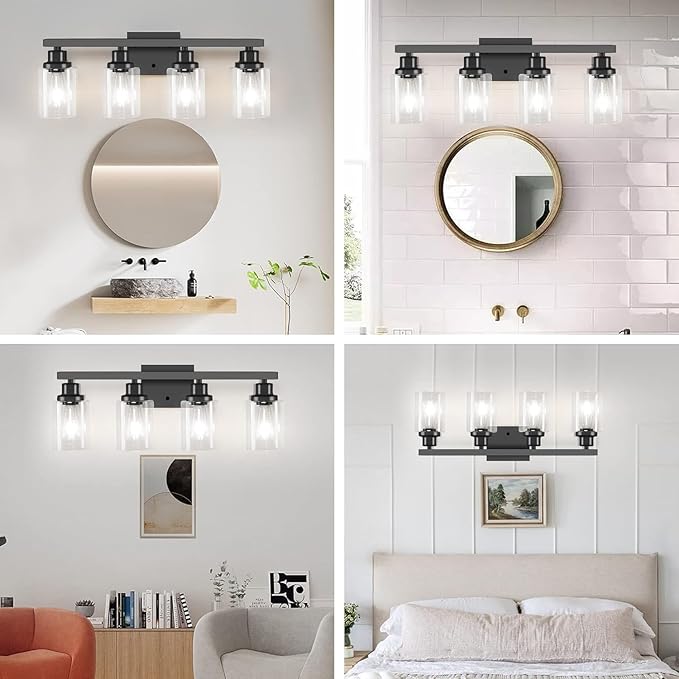 Bathroom Vanity Light, 4-Light Modern Matte Black Wall Sconce Lighting with Clear Glass Shade, Black Wall Lights,Bath Vintage Wall Mounted Lamps for Mirror Bedroom,Living Room