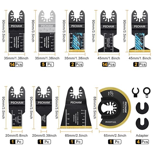 Oscillating Saw Blades, PECHAM 45PCS Professional Universal Titanium Multitool Blades for Wood Plastics Metal Quick Release Multi Tool Kits Fit Rockwell Ridgid Ryobi Milwaukee Chicago Craftsman