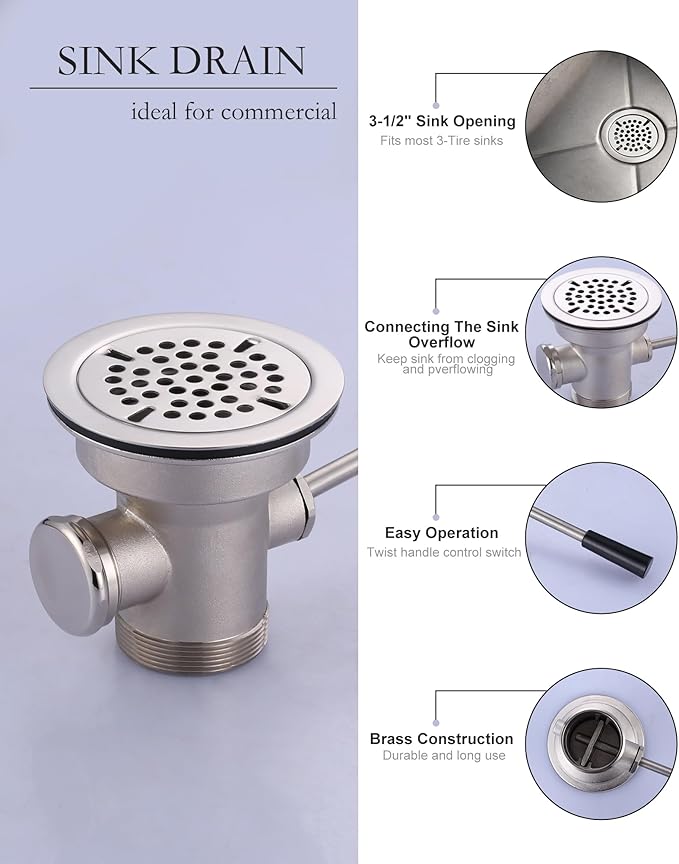 Commercial Sink Drain: 3-1/2" Sink Opening Waste Drain Valve - Brass Kitchen Sink Drain With Lever Handle - Commercial Sink Stopper Prevents Sink Clogged Overflow for Restaurant Multi-Basin Sink