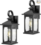 zeyu 2 Pack Outdoor Light Fixtures, Exterior Front Porch Lightings for Garage Doorway, Die-Cast Aluminum with Water Ripple Glass, Black Finish, ZD99B-2PK BK-WP