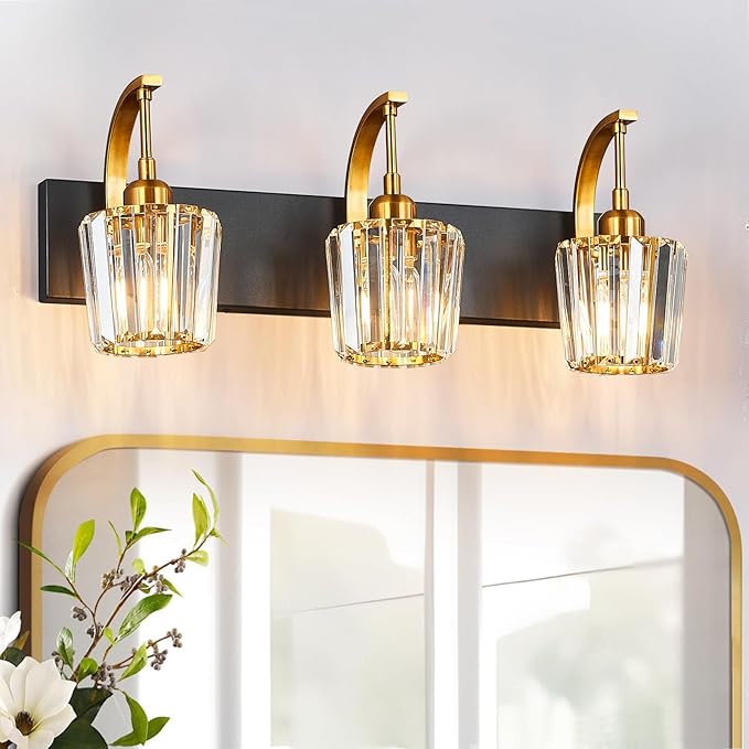 Modern Bathroom Vanity Light, 3-Light Black Gold Wall Sconce with Crystal Accents, Over Mirror Bathroom Lighting Fixture, 23.62" Long Dimmable Vanity Lamp for Makeup, Easy Installation
