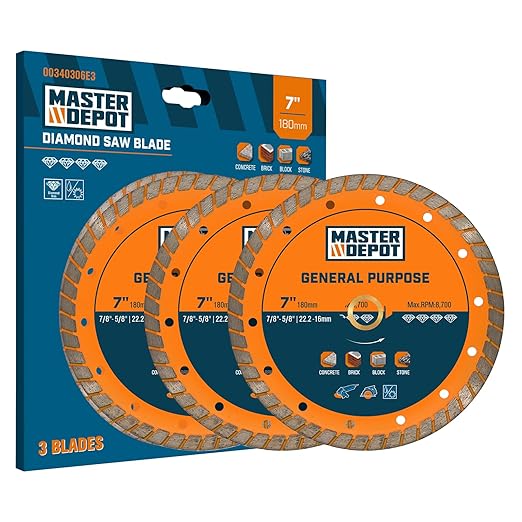 7 Inch Diamond Cutting Blade, Turbo Rim for Angle Grinder Circular Saw Cutter Wheel Dry Wet for Masonry/Concrete/Brick/Stone, 7/8"-5/8" Arbor (180mm, 3 PCS)