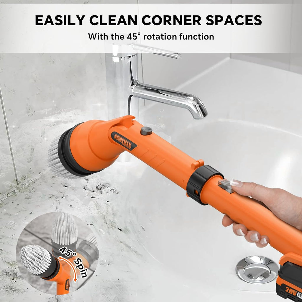 2 Battery Electric Spin Scrubber, 1000RPM Cordless Cleaning Brush Waterproof with 20V Power Supplied, Adjustable Extension Handle, 4 Replaceable Cleaning Heads, Hook, Gloves - for Tub/Tile/Wall/Floor