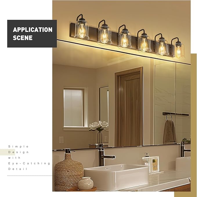 zeyu 44 Inch Farmhouse Bathroom Vanity Lights, 6-Light Bathroom Light Fixtures with Clear Glass Shade, Oil Rubbed Bronze Finish, ZSL72B-6W ORB