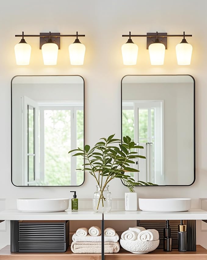 3-Light Bathroom Lighting Fixtures Over Mirror, 21" Oil Rubbed Bronze Vanity Lights Farmhouse Bath Wall Sconce with Milk Glass for Bath, OS-YQ9167-3AW