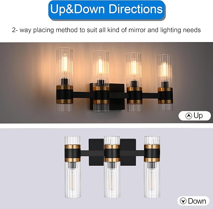 MELUCEE Black 3 Light Bathroom Vanity Light, Modern Vanity Lights Bathroom Light Bar with Ribbed Clear Glass Shade Indoor Wall Lights for Mirror Cabinet Kitchen Bedroom Hallway, E12 Base