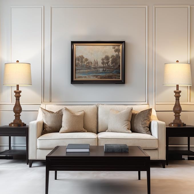 29" Tall Farmhouse Table Lamp for Living Room Set of 2,Vintage Retro Nightstand Lamps with USB C+A Ports & AC Outlet,3-Way Dimmable Touch Bedside Lamp for Bedroom Side Table,Brown