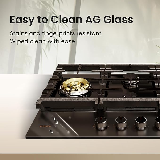 FOTILE GLG30401-Y 30” Moonshadow Tempered Glass 4 Gas Cooktop, Tri-Ring 18,000 BTUs Center Burner with Flame Failure Protection Removable Grates and Installation/LP Kit