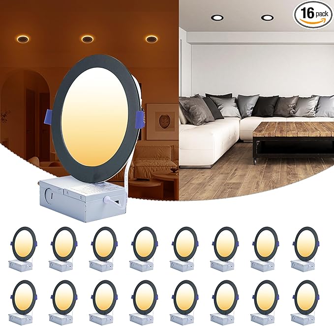 CycevSun Black Recessed Lights 6 Inch with Night Light 16 Pack, Dimmable & 5 Color Selectable, Canless Ultra Thin Wafer Downlight Indoor Outdoor Exterior Soffit, 12W, ETL Listed