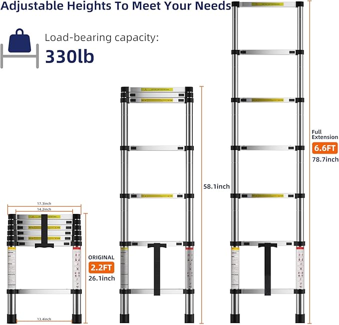 6.6 FT Extension Ladders, Lightweight Collapsible Ladders, Aluminum Telescoping Ladders for Home, Folding Telescoping Ladder for RV, Attic, Daily Use at Home, Capacity 330 lbs…