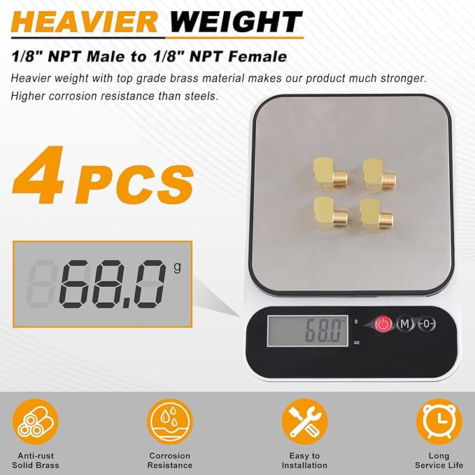 KOOTANS 4pcs 1/8 NPT 90 Degree Barstock Street Elbow Brass Fittings, 1/8" NPT Male to 1/8" NPT Female Thread Elbow Forged Brass Pipe Fitting