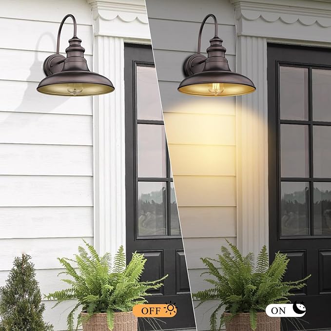 Outdoor Barn Light Fixture Farmhouse Wall Mount Light Gooseneck Wall Sconce Exterior Wall Lighting Fixture Industrial Bronze Finish Lantern for Porch with Gold Interior, 2Pack, RZ004-2PACK ORB