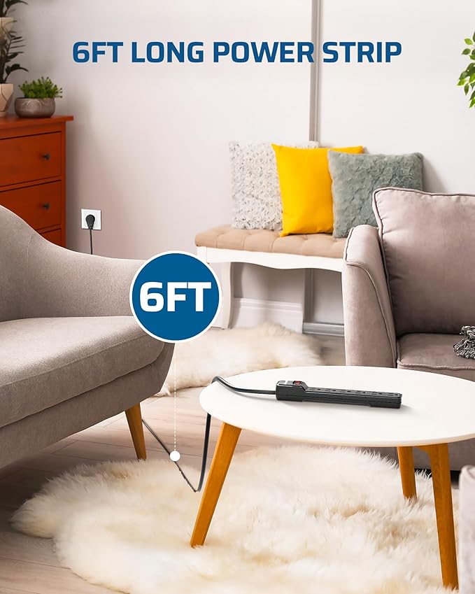 DEWENWILS 6 Foot Long Power Strip, 6-Outlet Power Strip 6FT, 15 Amp Circuit Breaker, Low Profile Flat Plug, Surge Protector for Office, Living Room, Bedroom, 4 Pack, Wall Mount, Black