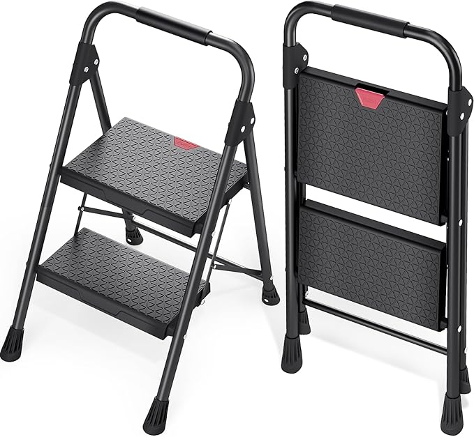 KINGRACK 2-Step Ladder, 800lbs Folding Step Stool with Anti-Slip Wide Pedals and Handrail, Sturdy Steel Ladder for Home, Kitchen, Indoor & Outdoor, Black