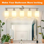DLLT 5-Light Bathroom Light Fixtures: Nickel Modern Vanity Lights with E26 Bulbs - Milky White Glass Shade Bathroom Wall Lamp for Mirror Kitchen Living Room Hallway Cabinet Porch