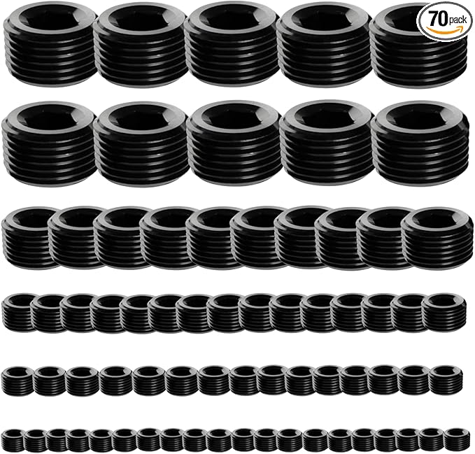 70 Pcs Black Carbon Steel Pipe Plug Fitting, 5 Sizes 1/8" 1/4" 3/8" 1/2" 3/4" NPT Male Internal Hex Thread Socket Pipe Plug Fitting Assortment Kit