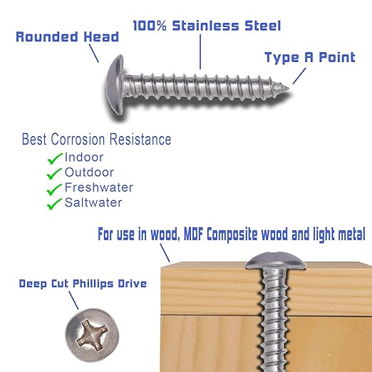 No. 12 x 1-1/4" Stainless Truss Head Phillips Wood Screw, (25 pc), 18-8 (304) Stainless Steel Sheet Metal Screws, Type A Point, Plain Finish by Bolt Dropper