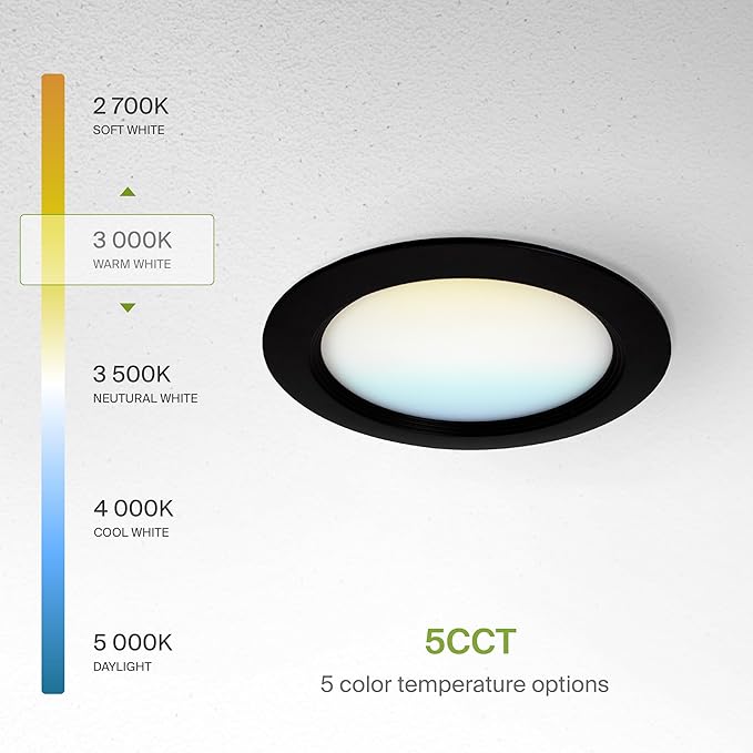 ASD Recessed Lighting 6 Inch Round Commercial LED Downlight, Mini Panel Baffle Trim, 15W 120-277V, 5 CCT Selectable 2700K/3000K/3500K/4000K/5000K, Dimmable LED Ceiling Light Fixture, Black, ETL