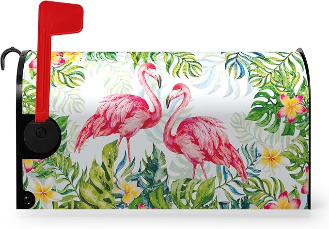Pink Flamingo Tropical Magnetic Oversized Mailbox Cover Summer Palm Leaf Decoration 25.5x21 Inch Jungle Floral Mailbox Wrap for Garden Decor