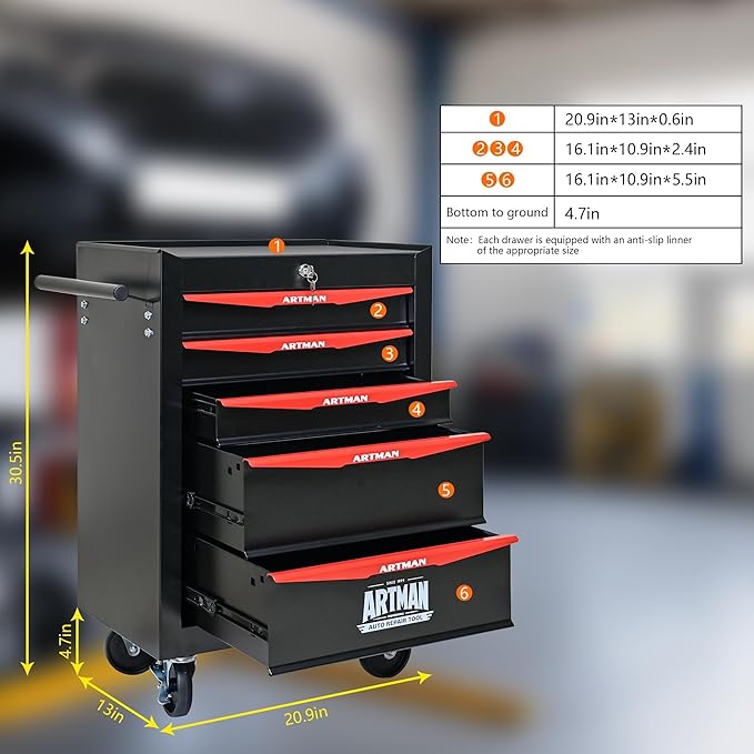 5-Drawer Steel Rolling Tool Cart with Wheels & Handle, Heavy-Duty Tool Chest Storage Cabinet for Garage and Workshop