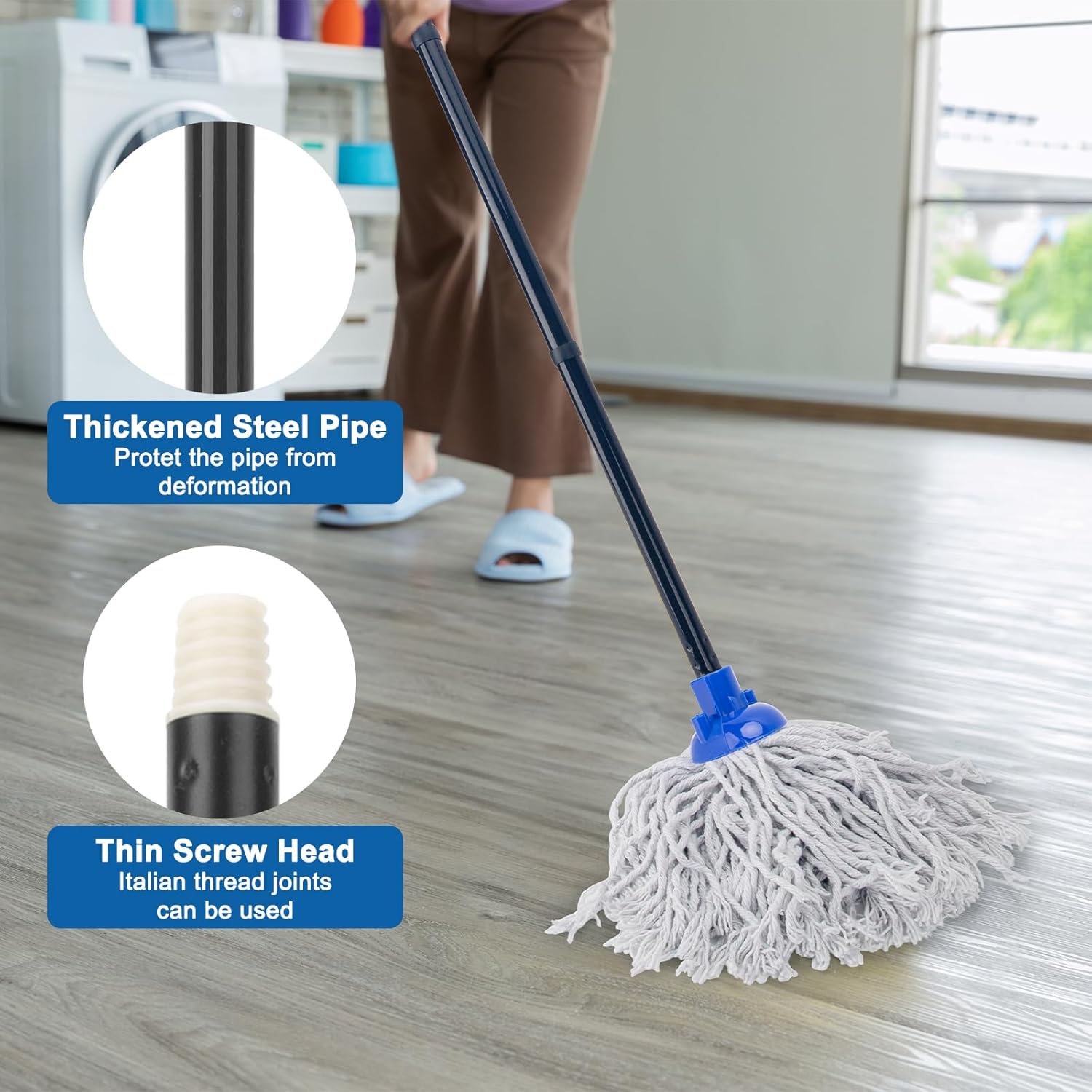 KeFanta Mop for Floor Cleaning,2 Pcs Cotton String Wet Mops Replacement Head Refill Compatible with Microfiber Cloth Mop & 0.8" Diameter Mops Handle(1 Handle & 2 Heads)