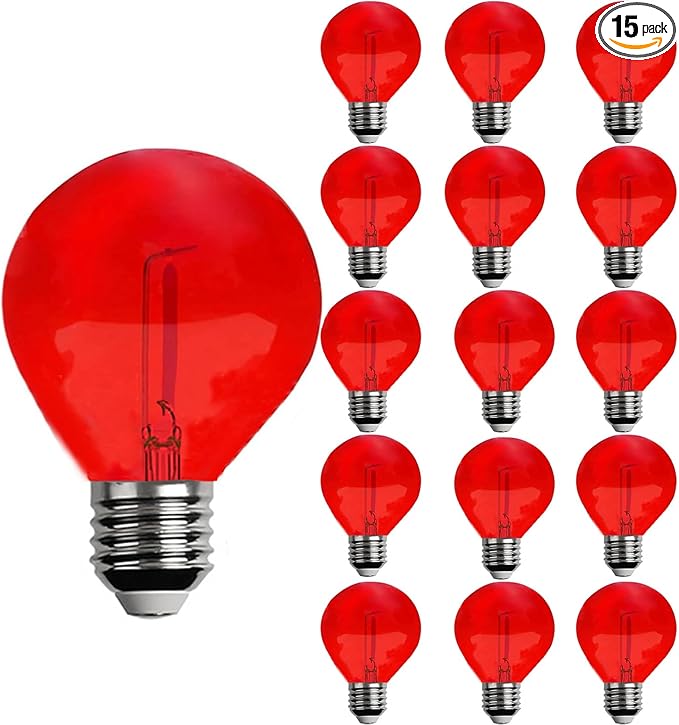 15 Pack G40 Plastic LED Replacement Light Bulbs 1W Shatterproof Red Color Filament Globe Bulbs E12 Candelabra Base Christmas Round Replacement Bulbs for Outdoor Indoor Patio String Lights(Red)