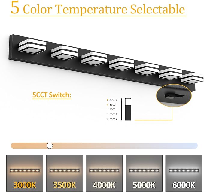 Ralbay 5 Color Temperature Dimmable 46inch Matte Black Vanity Lights Acrylic Modern LED Black Vanity Lighting for Bathroom 7 Lights