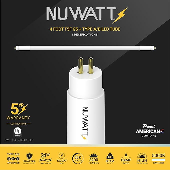 NUWATT 30 Pack, 4FT T5 LED Tube Lights Type A+B, Hybrid T5 LED Bulbs 5000K Daylight, High Brightness 3200LM 24W, Plug & Play or Ballast Bypass, Dual Ended Power, T5 Replacement for Fluorescent, UL, G5