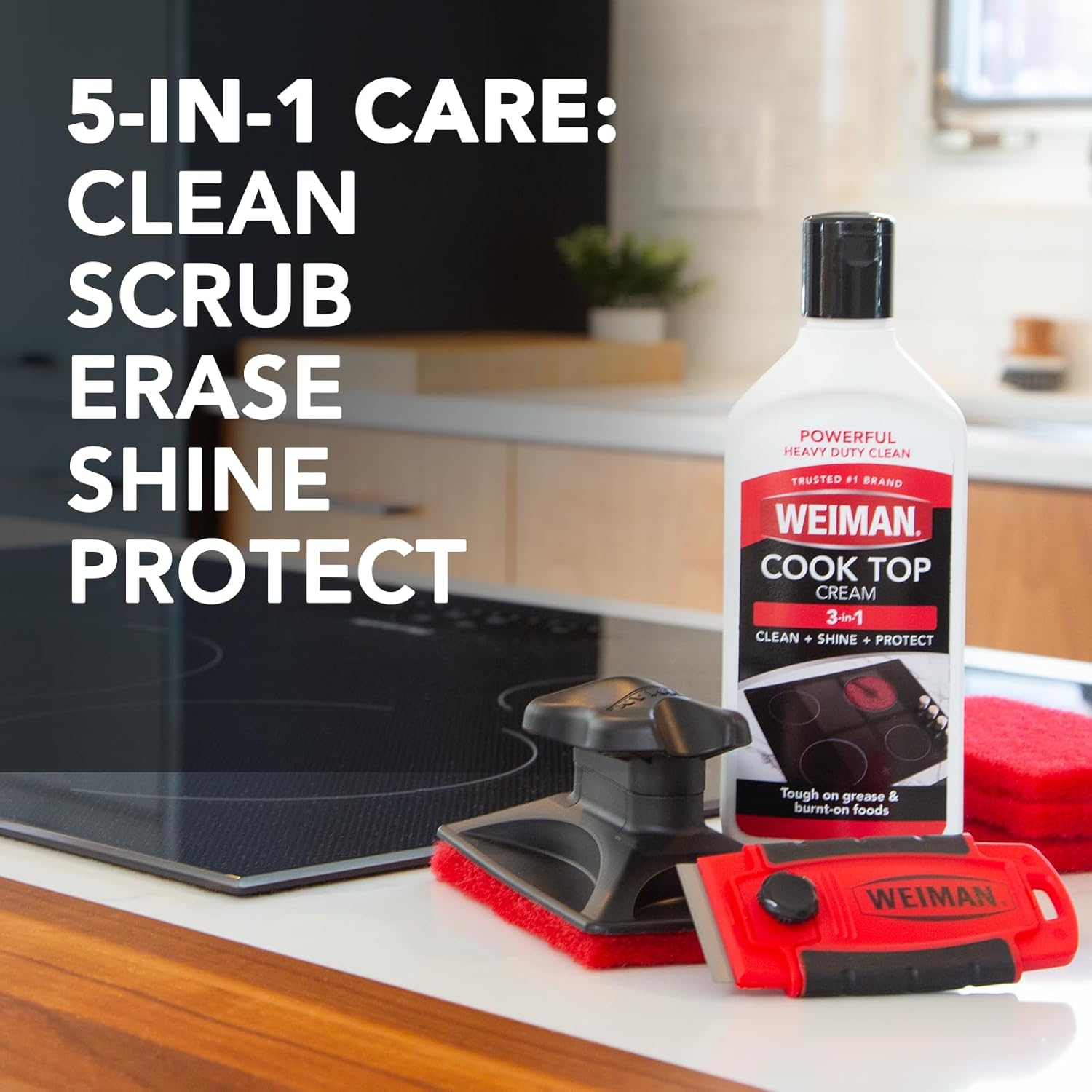 Weiman Cooktop and Stove Top Cleaner Kit - Glass Cook Top Cleaner and Polish 10 oz. Scrubbing Pad, Cleaning Tool, Razor, Scraper