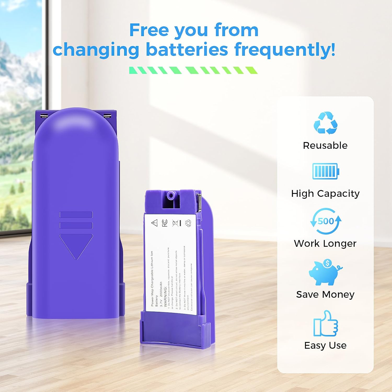 1 Pcs Rechargeable Battery Pack Replacement for Swiffer PowerMop, 500 Charge Cycles, 3.7V / 2.0Ah Lithium Ion Battery Contained in Removable Battery Holder (Type-C Port) with one USB Cable