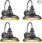 Outdoor Barn Light Fixture Farmhouse Wall Mount Light Gooseneck Wall Sconce Exterior Wall Lighting Fixture Industrial Black Finish Lantern for Porch with Gold Interior, 4Pack, RZ004-4PACK BK