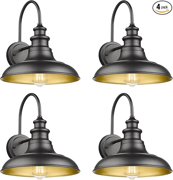 Outdoor Barn Light Fixture Farmhouse Wall Mount Light Gooseneck Wall Sconce Exterior Wall Lighting Fixture Industrial Black Finish Lantern for Porch with Gold Interior, 4Pack, RZ004-4PACK BK