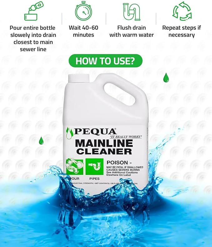 PEQUA INDUSTRIES Main Line Cleaner - Heavy-Duty Main Drain Opener for Drain Pipes, Sewer Lines and Septic Tanks, Dissolves Hairs and Organic Matter, Safe for All Septic Systems (1 Gallon (Pack of 3))