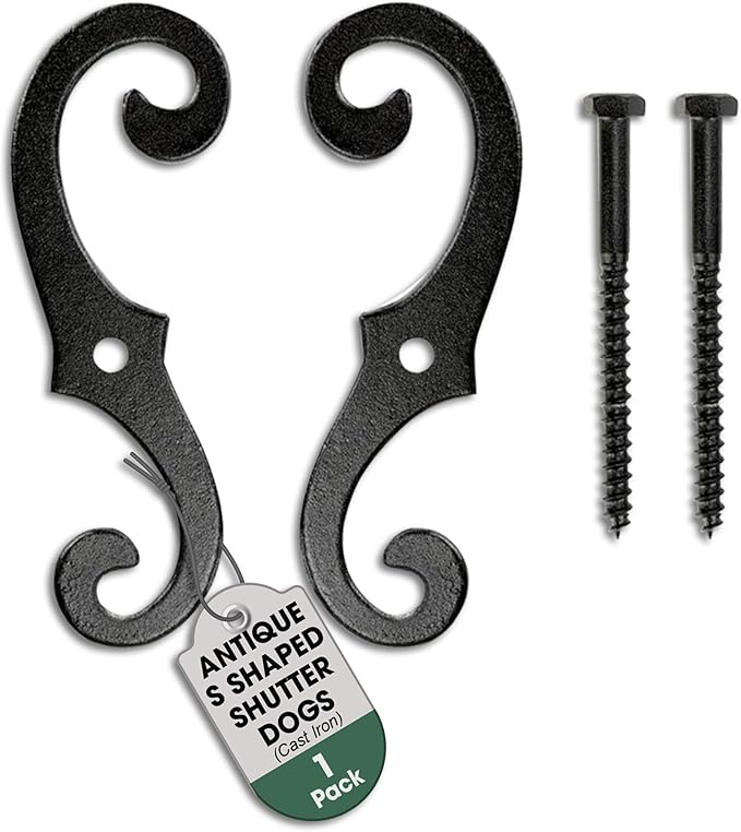 Renovators Supply Cast Iron Shutter Fasteners - Decorative S Style Shutter Dogs Hardware - Rust Resistant External Shutter Tieback with Mounting Screws - 6.5 Inches, Sold in Pairs (Pack of 1)